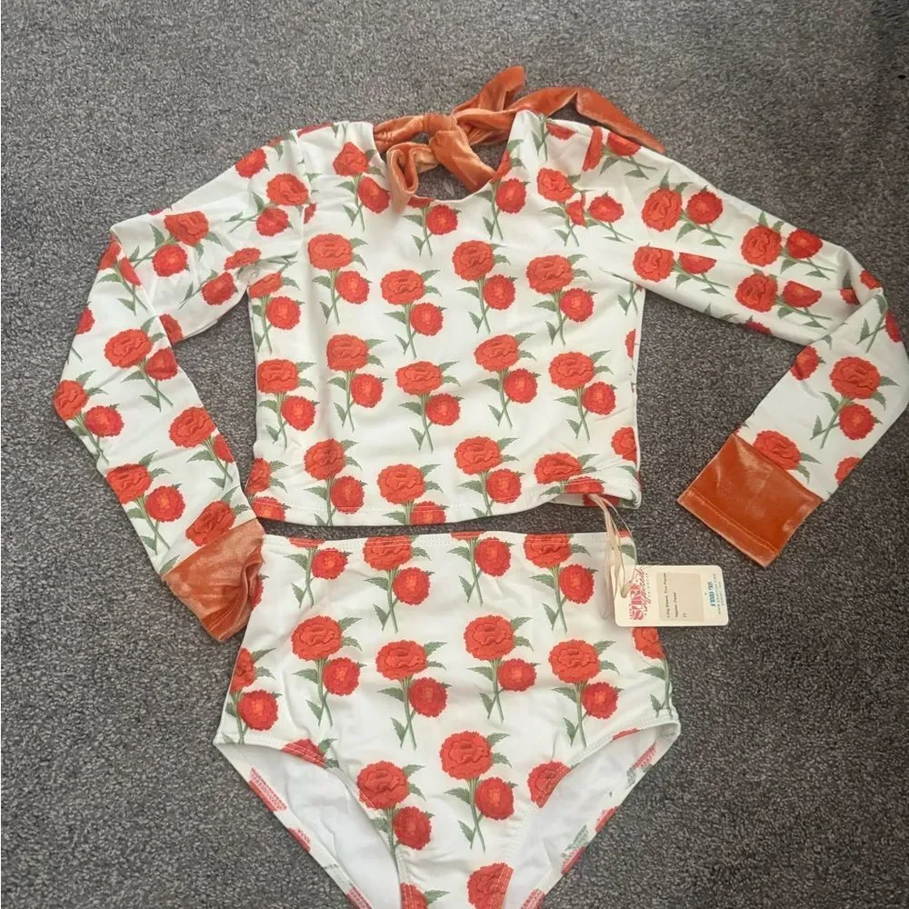 Saint Ida Naples Floral Long Sleeve 2 Piece Swimsuit Set Sz 7